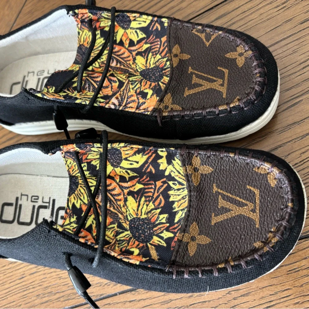 Custom LV Hey Dude Black Canvas Slip-On Sneakers - Picture 2 of 5